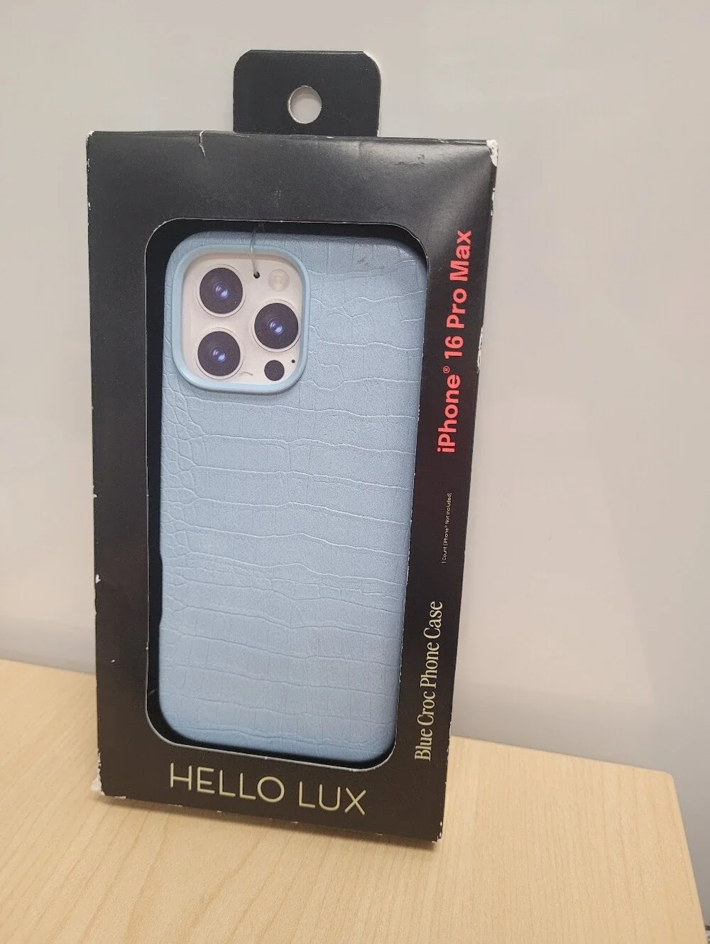 Hello Lux Light blue faux crocodile textured phone case for iPhone 16 Promax